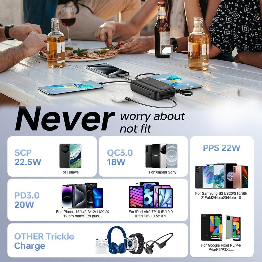 10000mAh Portable Power Bank with 22.5W Fast Charging & 3 Built-in Cables