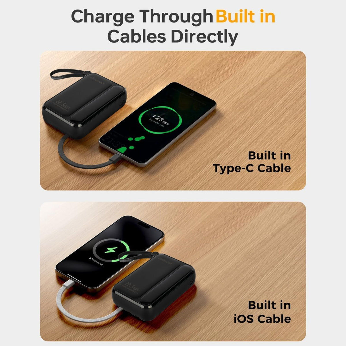 10000mAh Portable Power Bank with 22.5W Fast Charging & 3 Built-in Cables