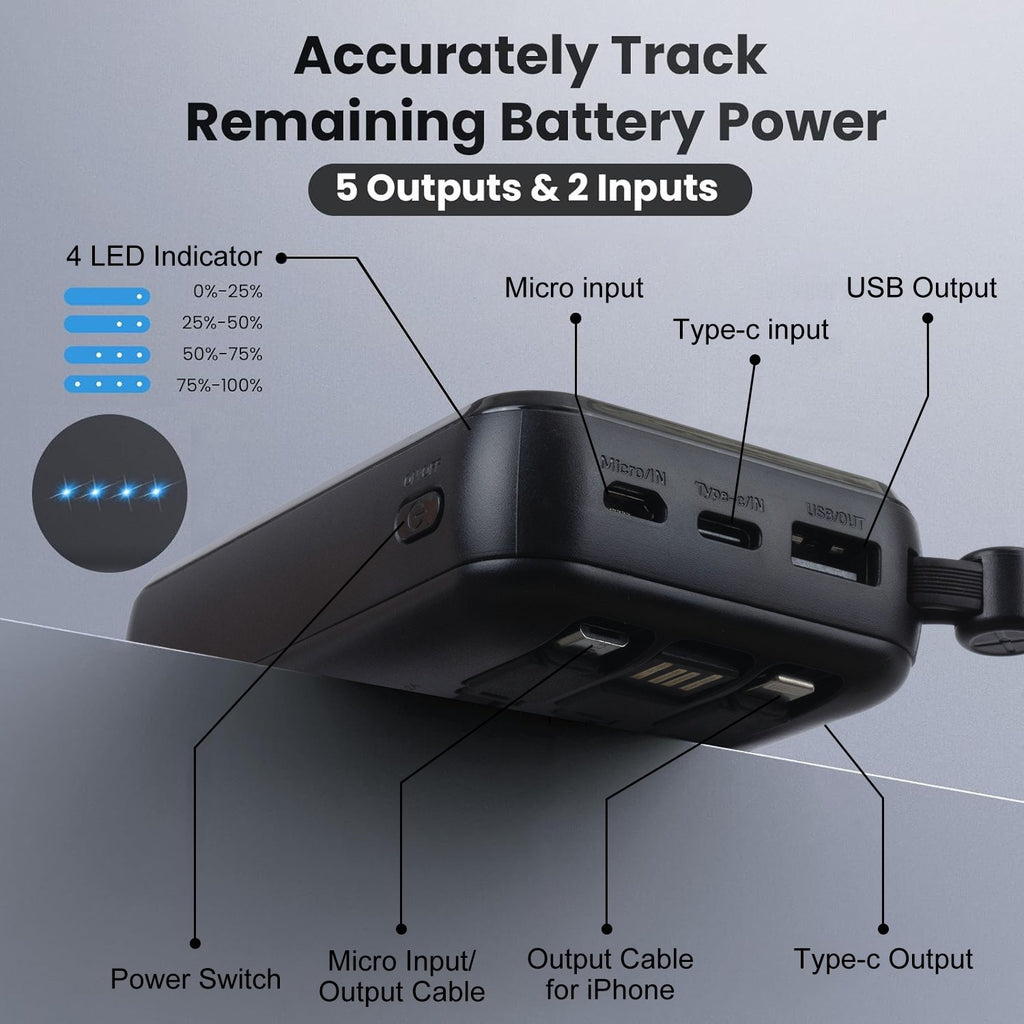 10000mAh Portable Power Bank with 22.5W Fast Charging & 3 Built-in Cables