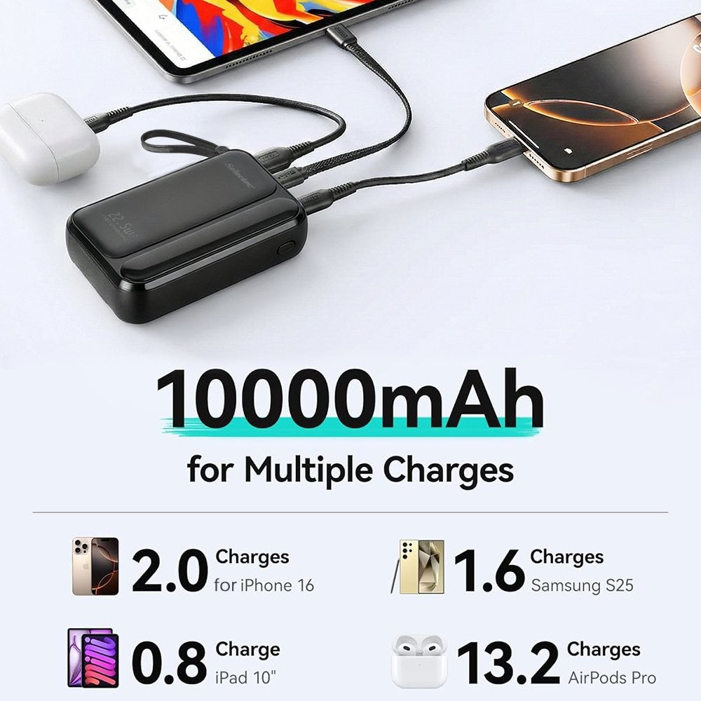 10000mAh Portable Power Bank with 22.5W Fast Charging & 3 Built-in Cables