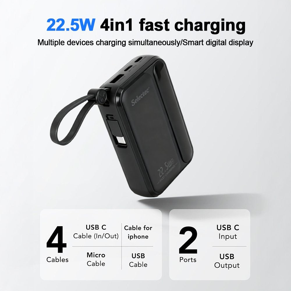 10000mAh Portable Power Bank with 22.5W Fast Charging & 3 Built-in Cables