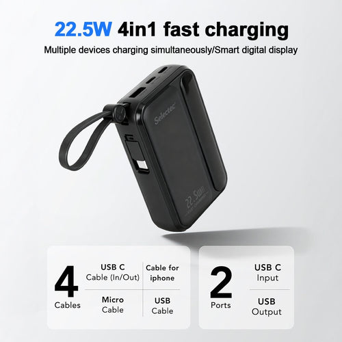 10000mAh Portable Power Bank with 22.5W Fast Charging & 3 Built-in Cables