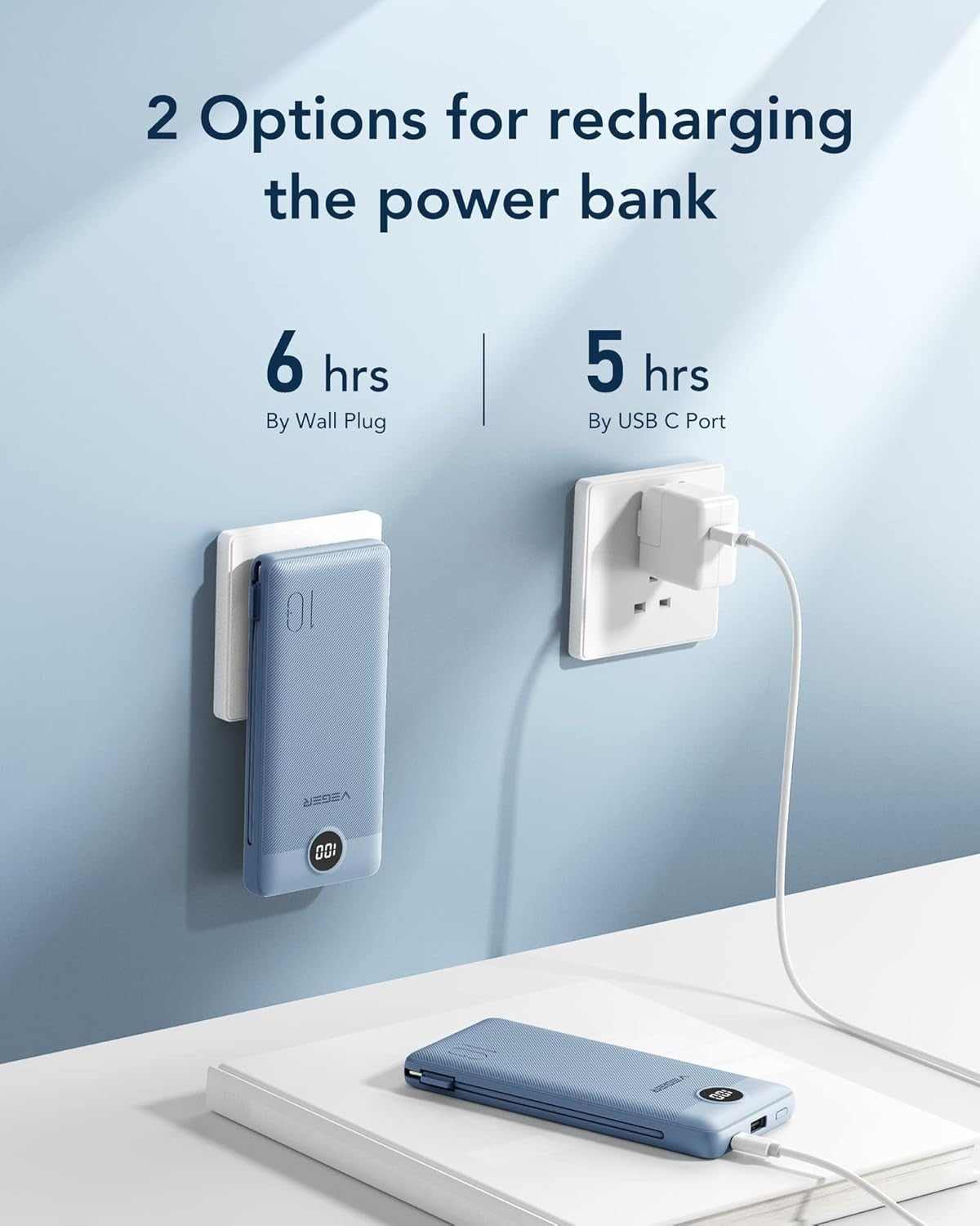 10000mAh Portable Charger with Built-in Cables & AC Wall Plug – USB-C Power Bank