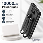 10000mAh Portable Power Bank with Built-in Cables – USB-C & USB-A