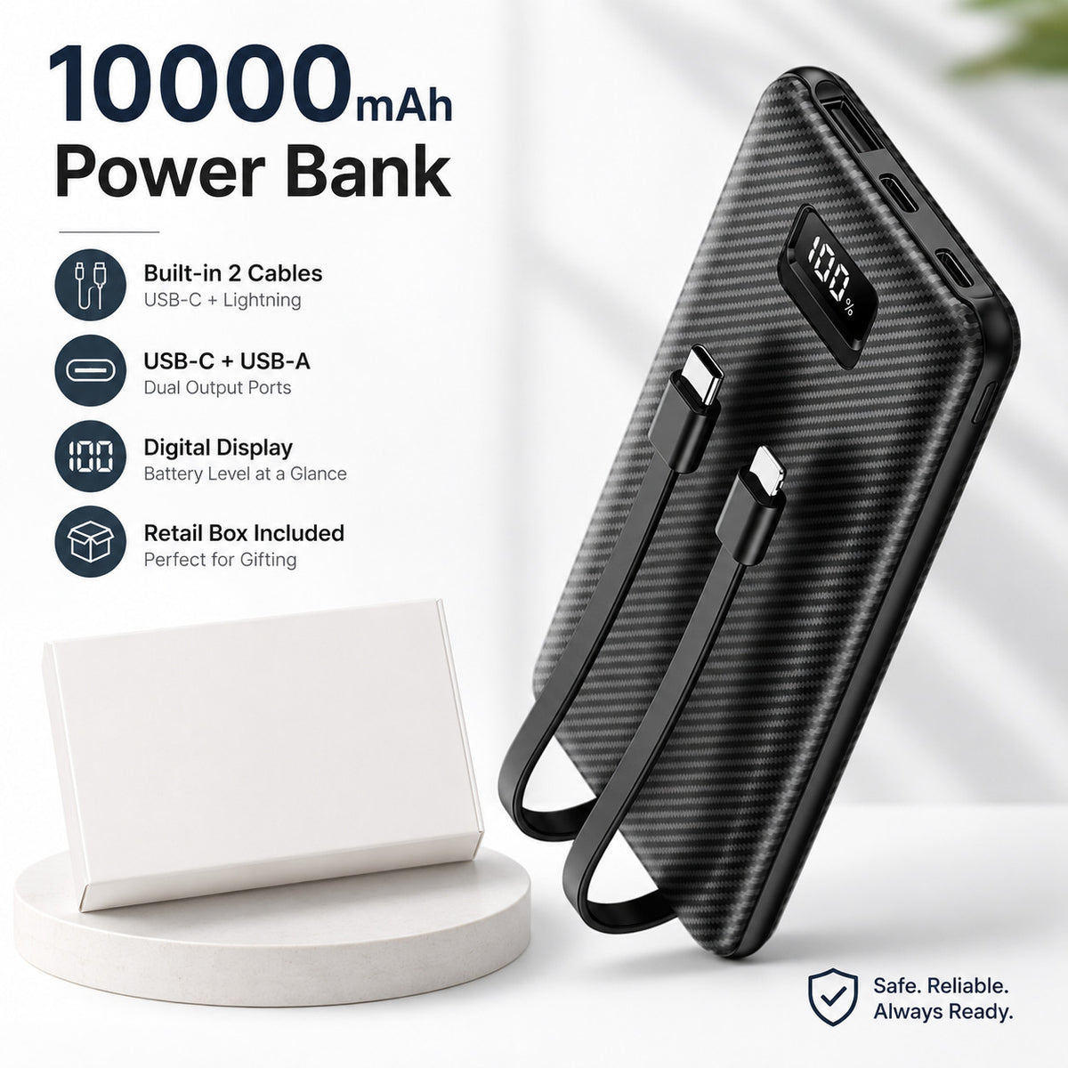 10000mAh Portable Power Bank with Built-in Cables – USB-C & USB-A