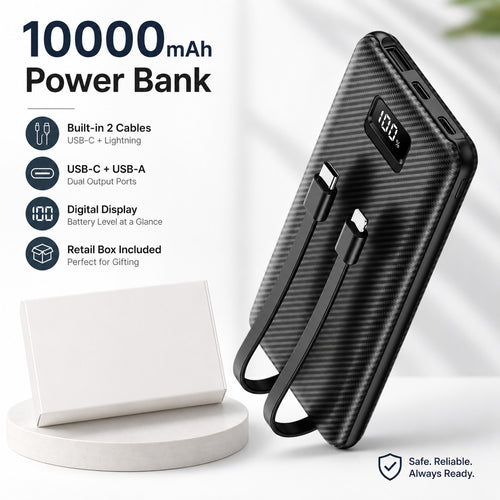 10000mAh Portable Power Bank with Built-in Cables – USB-C & USB-A