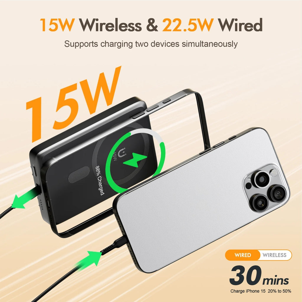 10,000 mAh Magnetic Power Bank Wireless Charger Portable Fast Charging 22.5W