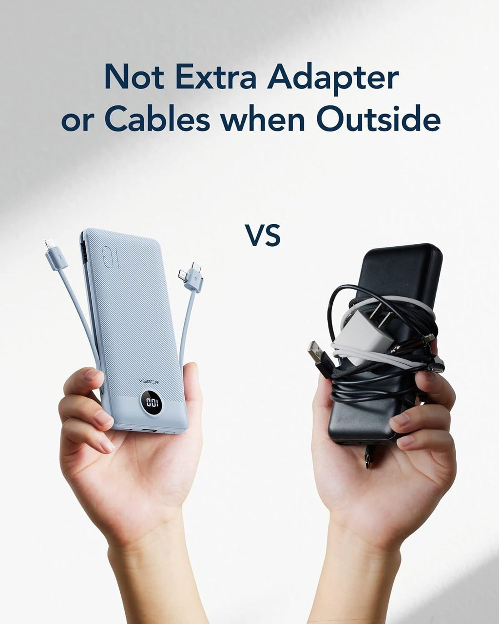 10000mAh Portable Charger with Built-in Cables & AC Wall Plug – USB-C Power Bank