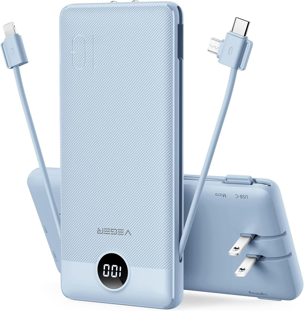 10000mAh Portable Charger with Built-in Cables & AC Wall Plug – USB-C Power Bank