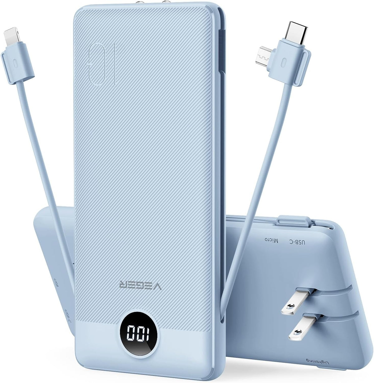 10000mAh Portable Charger with Built-in Cables & AC Wall Plug – USB-C Power Bank