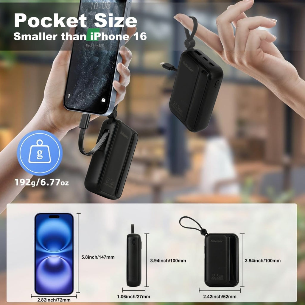 10000mAh Portable Power Bank with 22.5W Fast Charging & 3 Built-in Cables