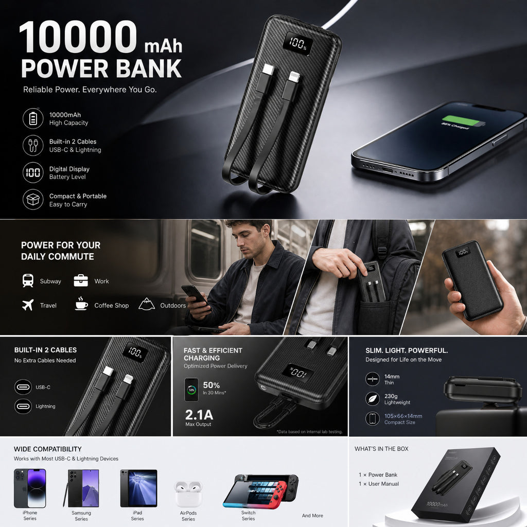 10000mAh Portable Power Bank with Built-in Cables – USB-C & USB-A