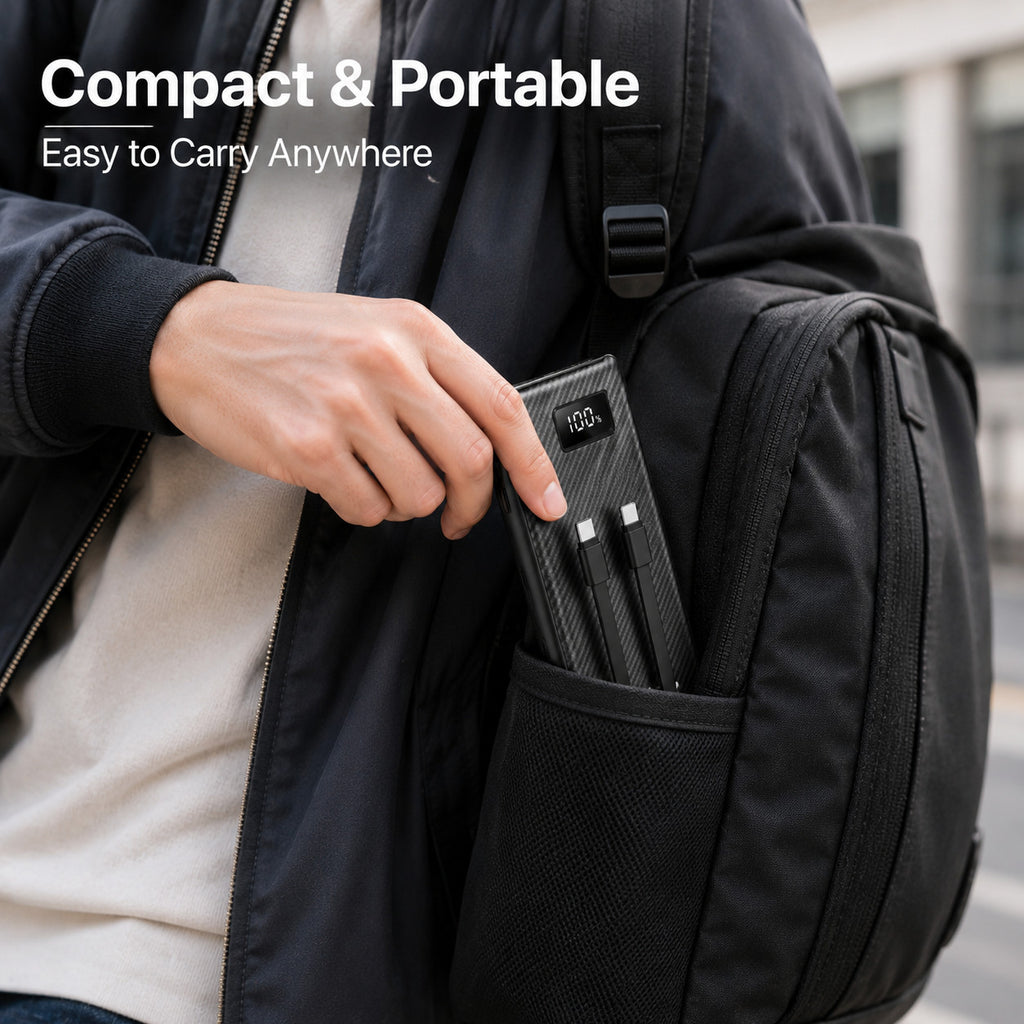 10000mAh Portable Power Bank with Built-in Cables – USB-C & USB-A