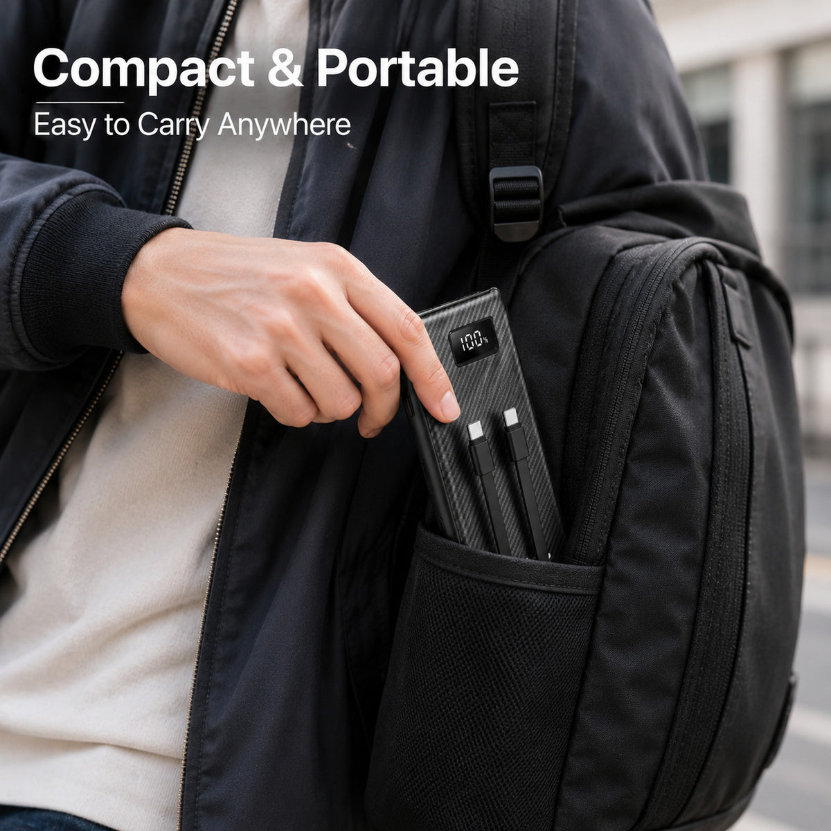 10000mAh Portable Power Bank with Built-in Cables – USB-C & USB-A