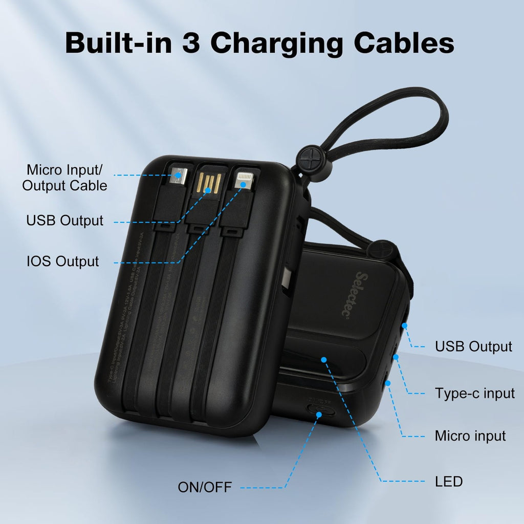 10000mAh Portable Power Bank with 22.5W Fast Charging & 3 Built-in Cables