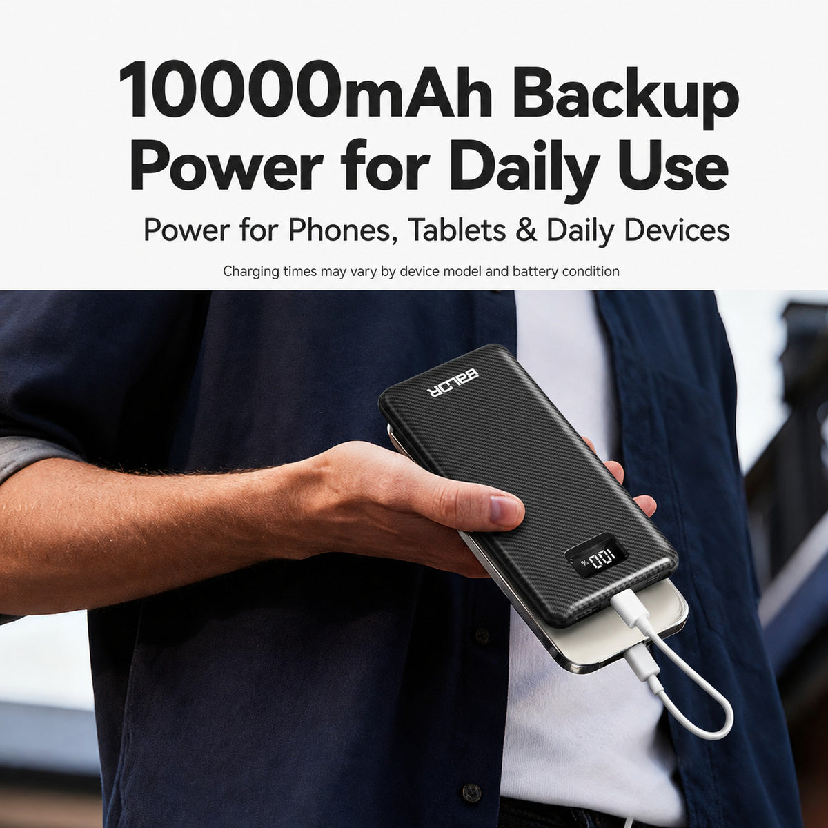 10000mAh Portable Power Bank with Built-in Cables – USB-C & USB-A