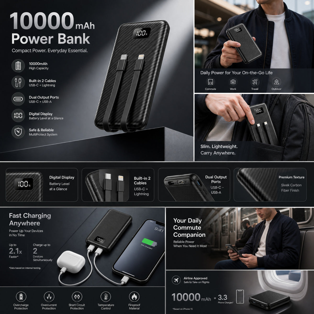 10000mAh Portable Power Bank with Built-in Cables – USB-C & USB-A